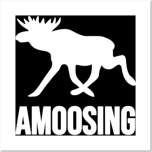 Amoosing Walking White On Black Moose Silly Pun Posters and Art